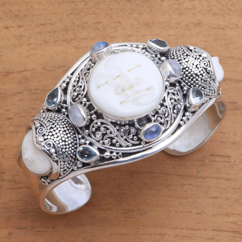 women’s gemstone bracelets -Keeper of the Moon Multi-Gem Sterling Silver & Bone Cuff Bracelet