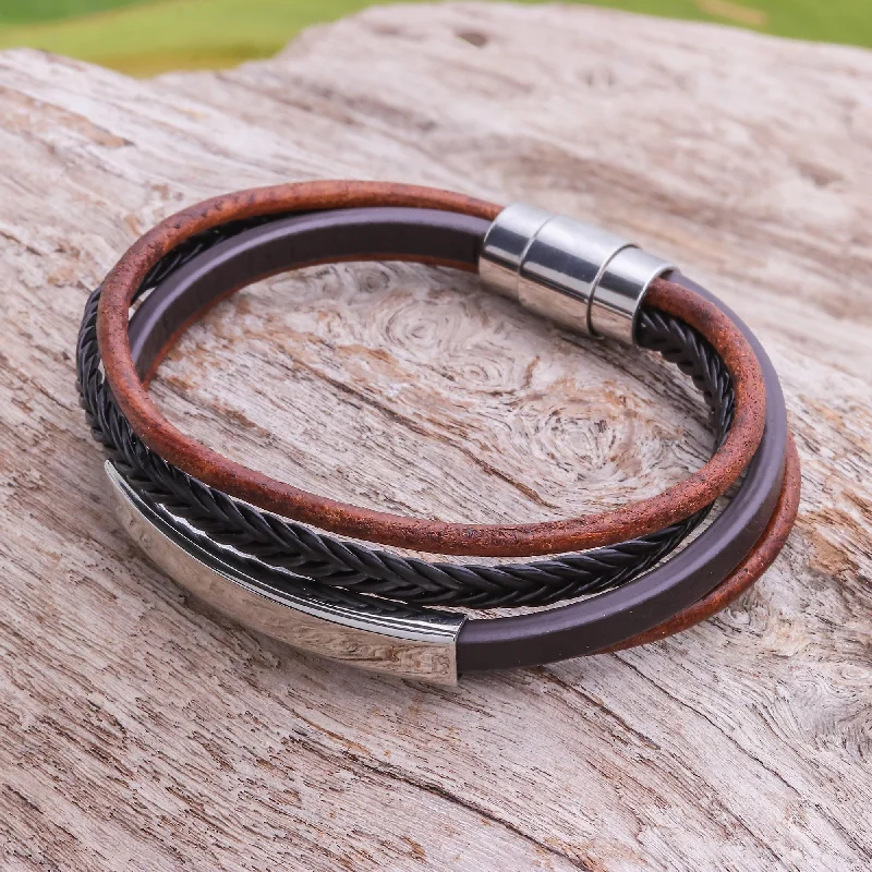 affordable bangles for women -Mighty Strength in Brown Leather Strand Bracelet in Brown from Thailand