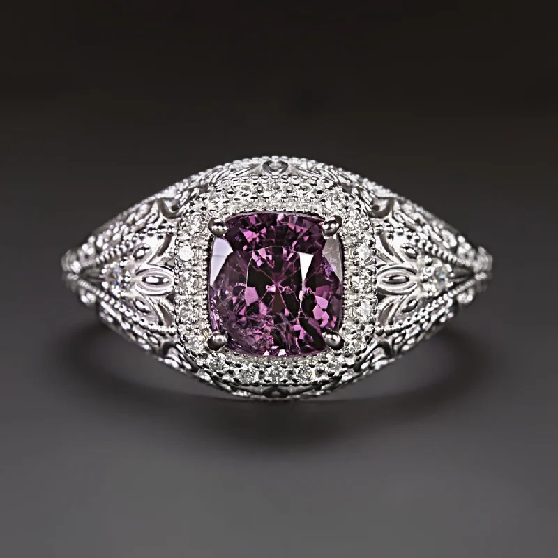 women’s multi-stone rings -PURPLE SPINEL DIAMOND VINTAGE STYLE COCKTAIL RING HALO FILIGREE 14k WHITE GOLD