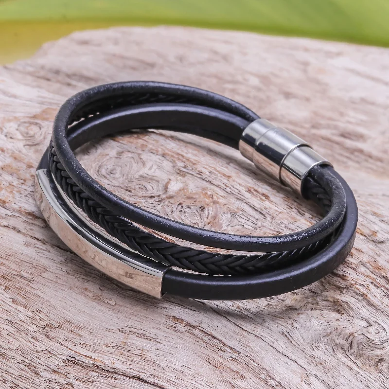 women’s gemstone bracelets -Mighty Strength in Black Leather Strand Bracelet in Black from Thailand