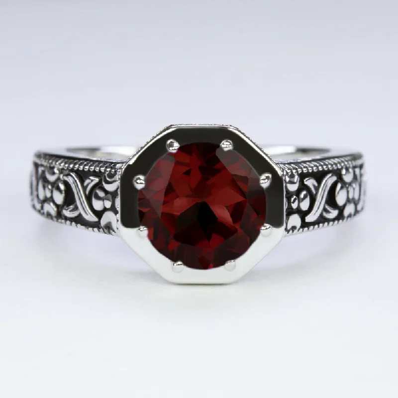 women’s unique rings -GARNET STERLING SILVER RING VINTAGE STYLE ROUND ART DECO RED GEMSTONE SOLITAIRE