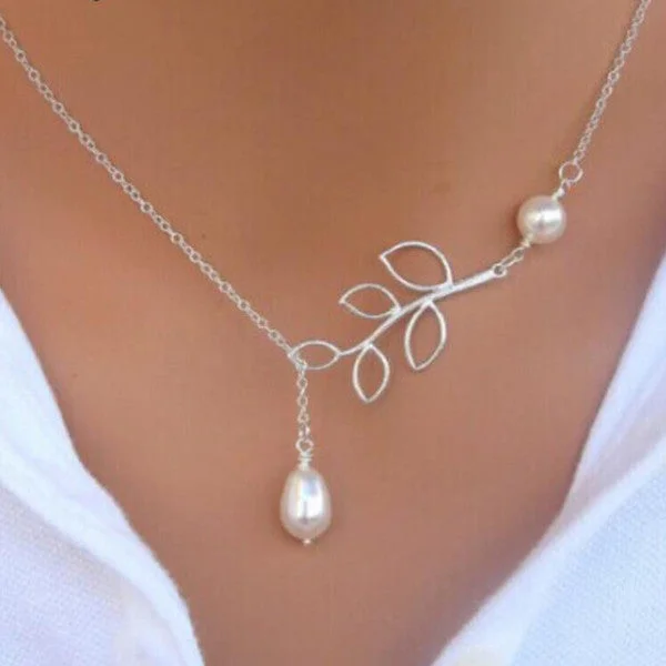 gold necklaces for women -Leaf Pearl Lariat Necklace