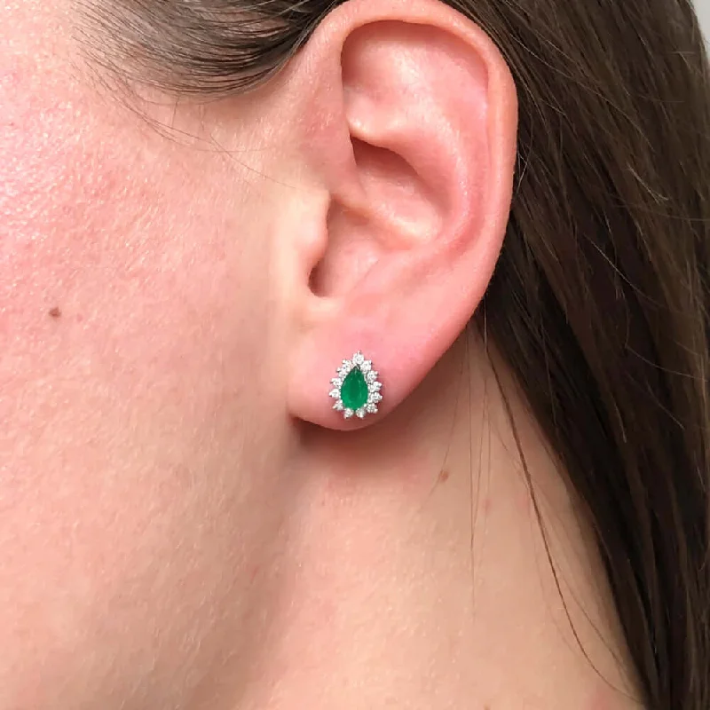 fashion rings for women -EMERALD DIAMOND STUD EARRINGS WHITE GOLD TEARDROP PEAR HALO JEWELRY