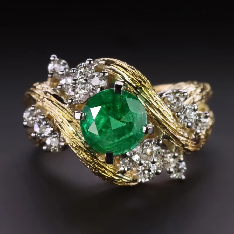 women’s emerald rings -VINTAGE EMERALD DIAMOND COCKTAIL RING 18k YELLOW GOLD CLUSTER RETRO OLD CUT