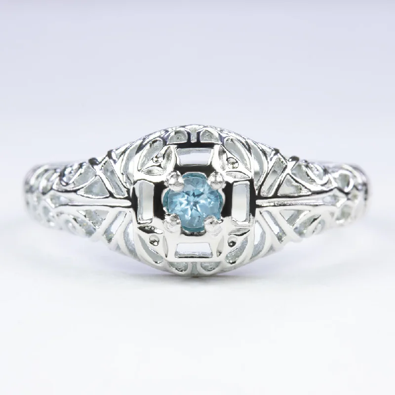 wedding rings for women -SWISS BLUE TOPAZ VINTAGE STYLE COCKTAIL RING STERLING SILVER DAINTY FILIGREE