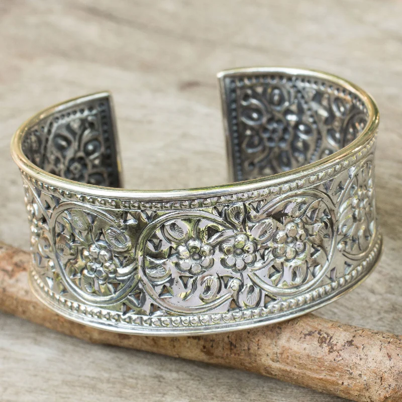 statement bracelets for women -Floral Motif Handmade Cuff Bracelet