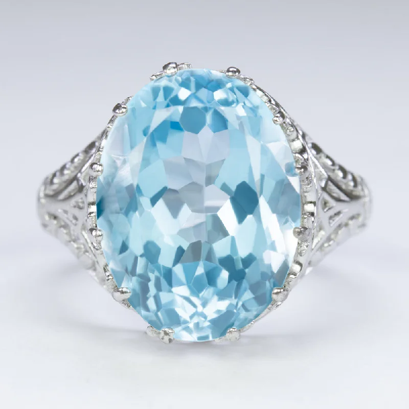 women’s stackable rings -SKY BLUE TOPAZ STERLING SILVER VINTAGE STYLE RING FILIGREE OVAL CUT SOLITAIRE