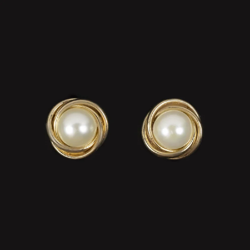 women’s statement rings -PEARL STUD EARRINGS 14k YELLOW GOLD TWIST CLASSIC ROUND WHITE ANNIVERSARY GIFT