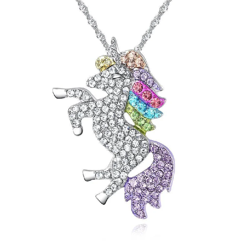 diamond necklaces for women -14K White Gold Plated Rainbow Crystal Unicorn Shine Necklace 18 Inch Twisted Chain for Woman or Teen Special Occasion