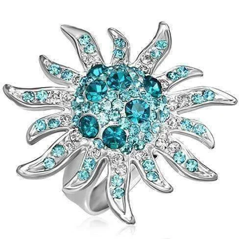 women’s delicate necklaces -Blue Starburst Adjustable Stainless Steel Austrian Crystal Cocktail Ring