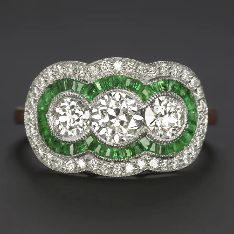 women’s antique rings -1.59ctw OLD EUROPEAN CUT DIAMOND EMERALD COCKTAIL RING VINTAGE STYLE 3 STONE