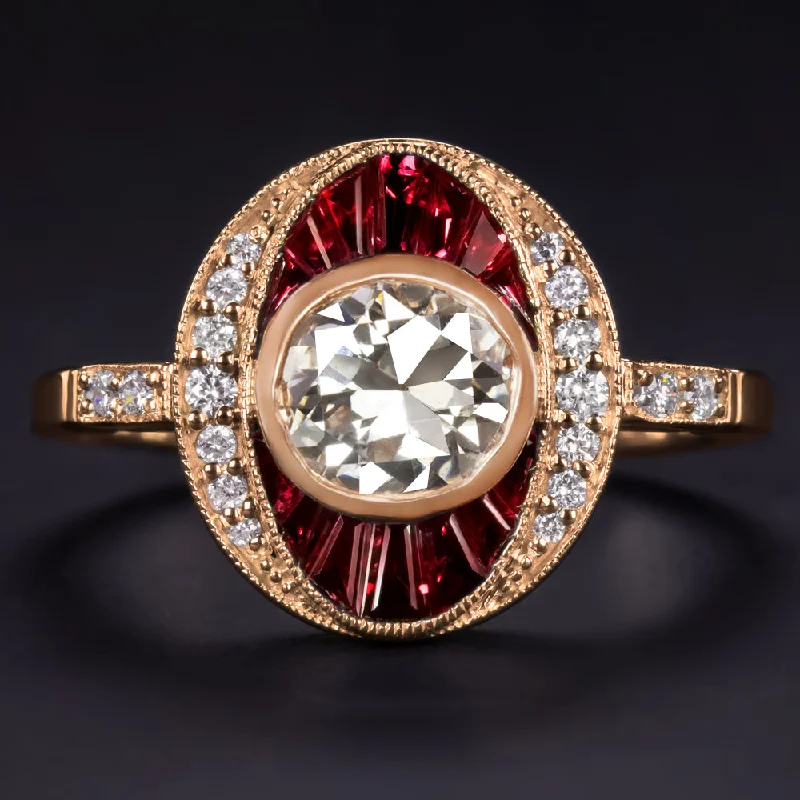 women’s multi-stone rings -1.59ct OLD EUROPEAN CUT DIAMOND RUBY COCKTAIL RING 14k ROSE GOLD VINTAGE STYLE