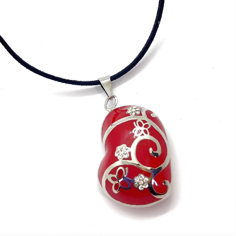 women’s art deco necklaces -Red Enamel CZ Flowered Stainless Steel Heart Necklace