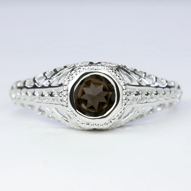 women’s handmade rings -SMOKY QUARTZ STERLING SILVER RING VINTAGE STYLE FILIGREE SOLITAIRE GEMSTONE