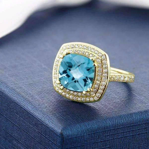 luxury necklaces for women -Sky Blue Topaz 5.87Ct Cushion Cut 18K Gold plated over Solid Sterling Silver IOBI Precious Gems Ring