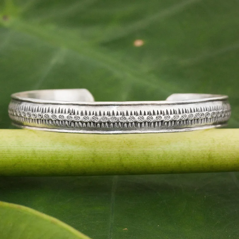 silver bangles for women -Hill Tribe Hope Silver Floral Stamped Inspirational Bracelet