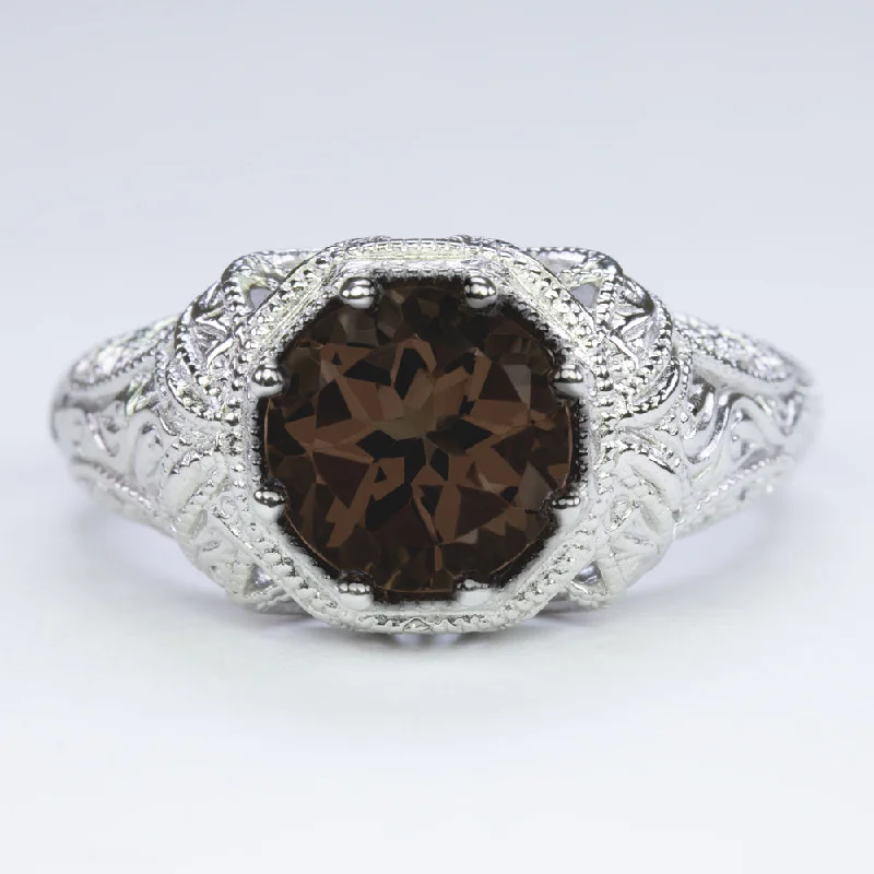 women’s personalized rings -SMOKY QUARTZ VINTAGE STYLE COCKTAIL RING STERLING SILVER FILIGREE ART DECO ROUND