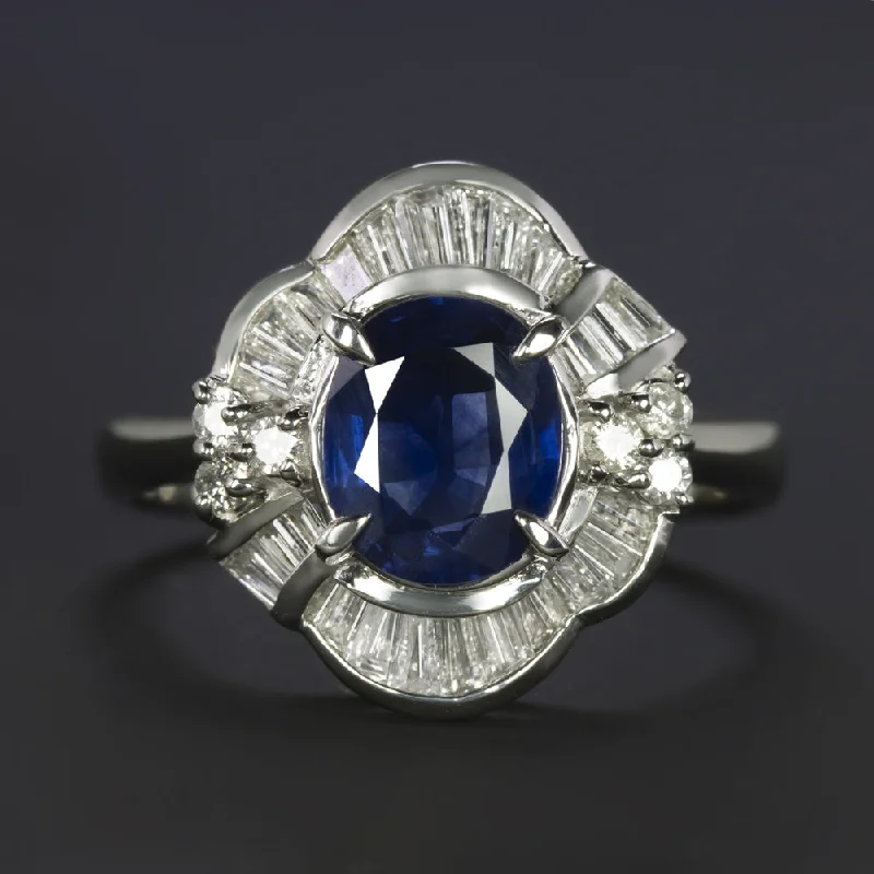 women’s classic gold rings -1.90ct SAPPHIRE DIAMOND COCKTAIL RING PLATINUM OVAL SHAPE BAGUETTE HALO NATURAL