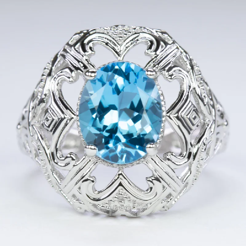 elegant rings for women -SWISS BLUE TOPAZ STERLING SILVER RING VINTAGE STYLE OVAL SHAPE GEMSTONE FILIGREE