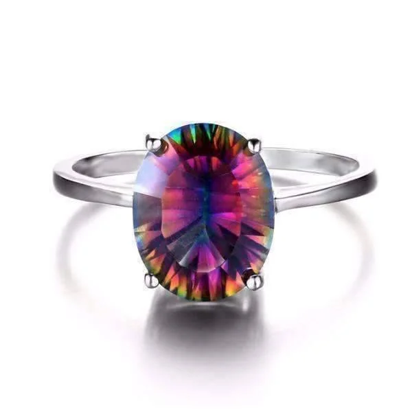 women’s multi-layer necklaces -Genuine Rainbow Fire Mystic Topaz Oval Cut 3.4CT IOBI Precious Gems 925 Sterling Silver Ring