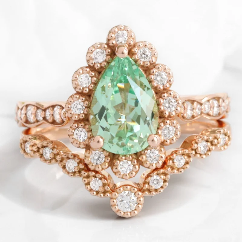 women’s classic engagement rings -Pear Green Sapphire Ring Bridal Set w/ Milgrain Diamond Band in Vintage Luna Halo