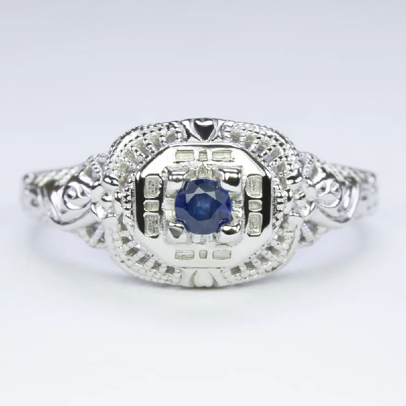 silver eternity bands for women -SAPPHIRE STERLING SILVER VINTAGE STYLE COCKTAIL RING FILIGREE DAINTY ROUND BLUE