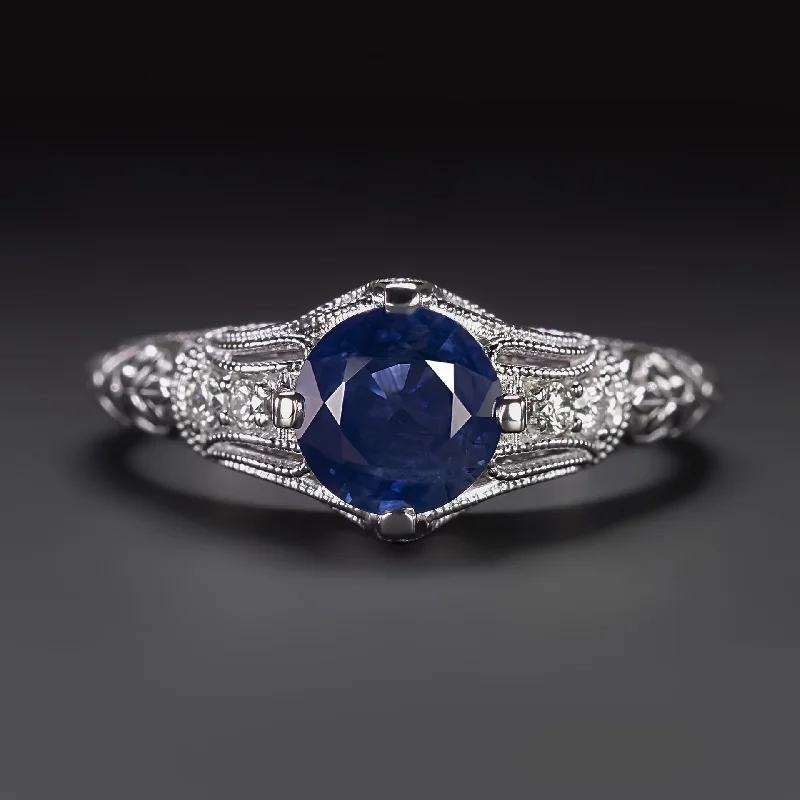 women’s eternity rings with diamonds -1.17ct VINTAGE STYLE SAPPHIRE DIAMOND COCKTAIL RING 14k WHITE GOLD NATURAL ROUND