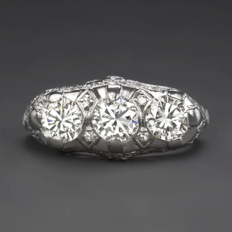 women’s modern rings -VINTAGE DIAMOND PLATINUM RING 3 STONE FILIGREE 1.73ct ROUND COCKTAIL ENGAGEMENT