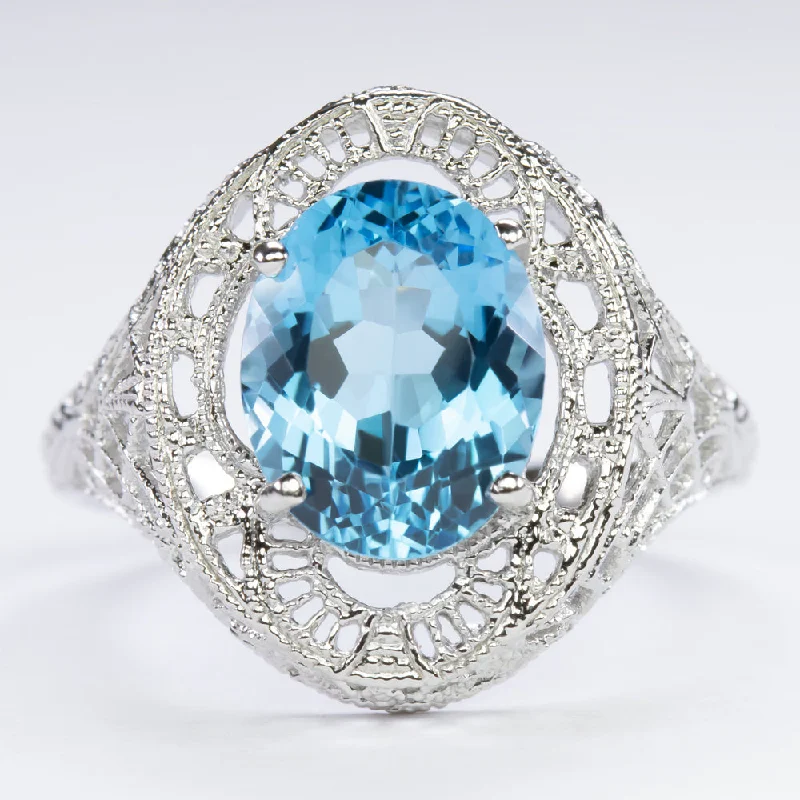 women’s engagement rings -LONDON BLUE TOPAZ STERLING SILVER RING VINTAGE STYLE OVAL CUT GEMSTONE FILIGREE