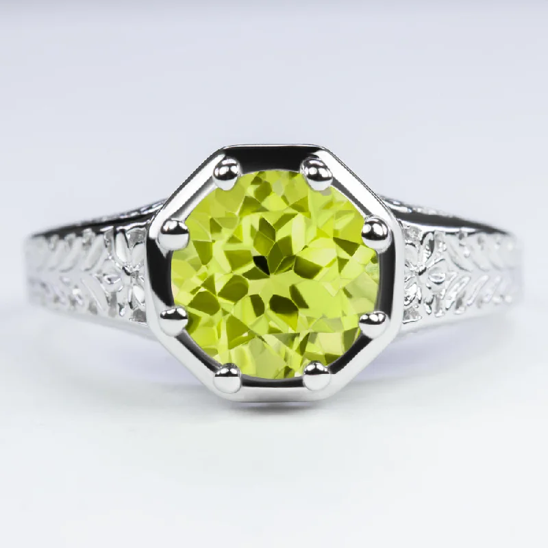 gemstone promise rings for women -PERIDOT STERLING SILVER RING VINTAGE STYLE ART DECO SOLITAIRE ROUND CUT GREEN