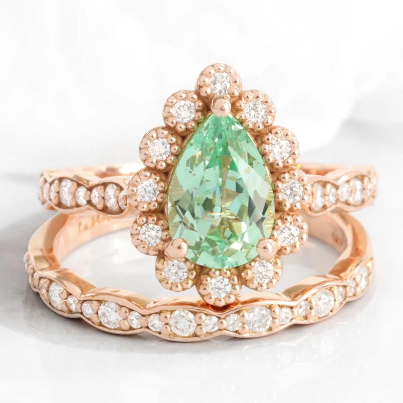 women’s vintage wedding engagement rings -Pear Green Sapphire Ring Bridal Set w/ Matching Diamond Band in Vintage Luna Halo