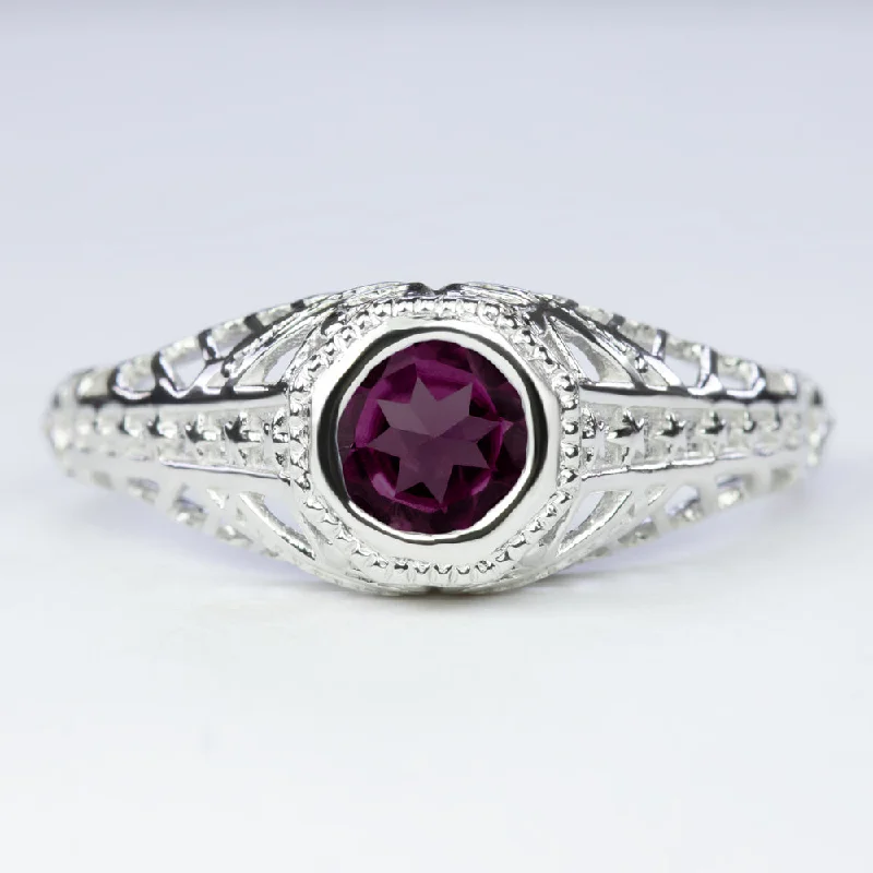 women’s silver engagement rings -RHODOLITE GARNET STERLING SILVER RING VINTAGE STYLE FILIGREE SOLITAIRE GEMSTONE