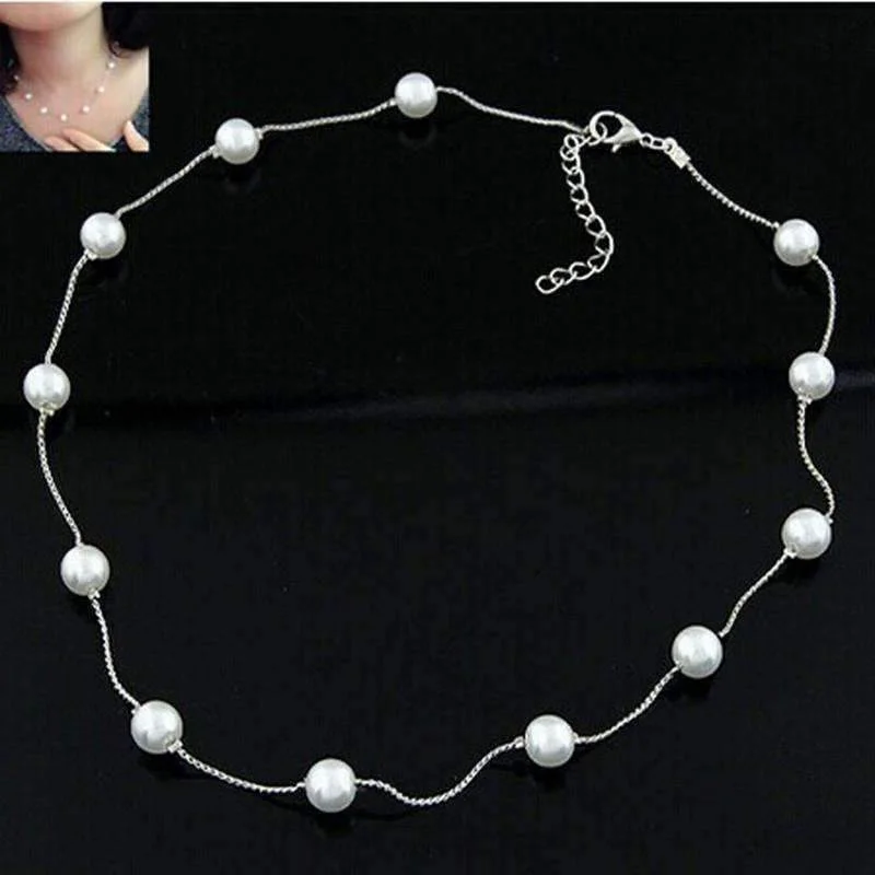 women’s oval pendant necklaces -White Pearl Bead Chain Station Necklace