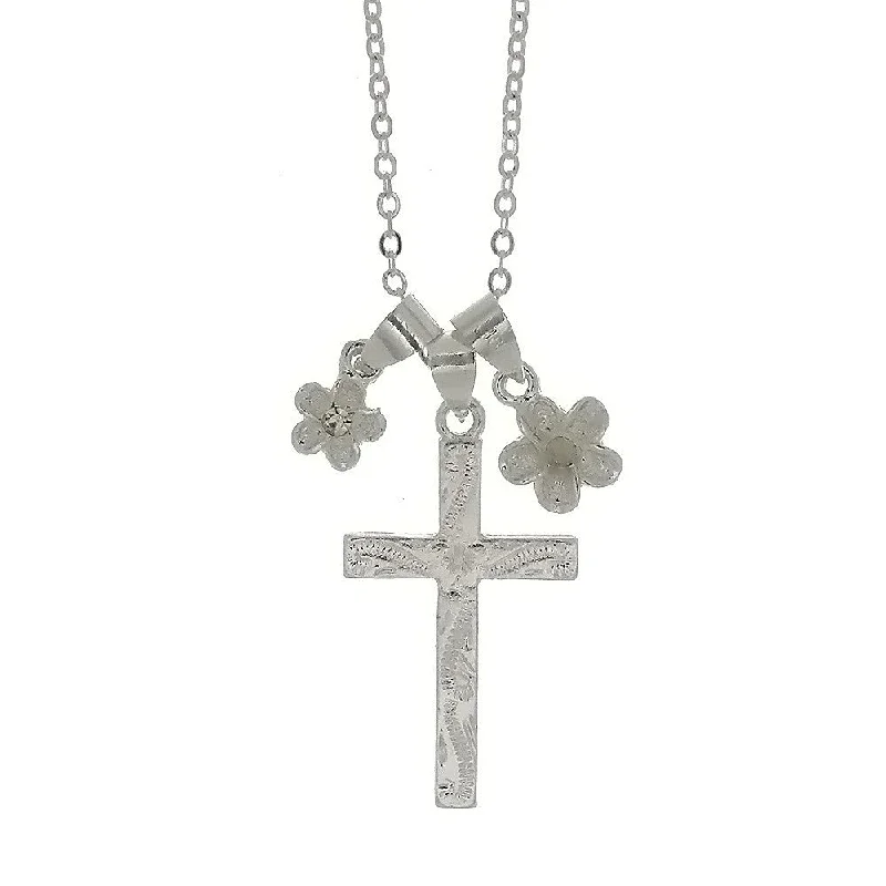 silver necklaces for women -CHAIN CHARM CROSS & FLOWER NECKLACE