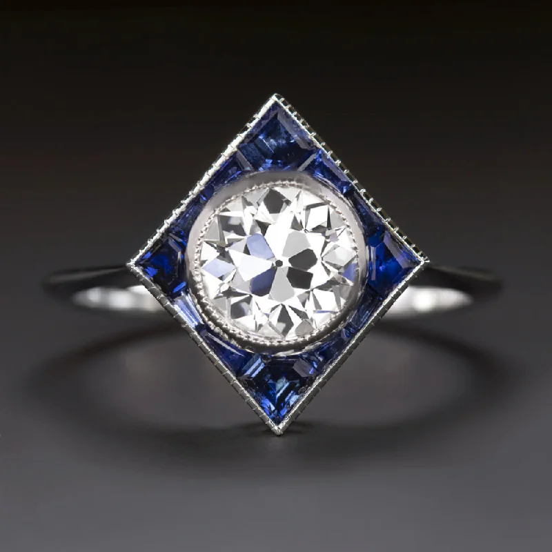 women’s rings with diamonds -OLD EUROPEAN CUT LAB GROWN DIAMOND SAPPHIRE RING VINTAGE STYLE 14k WHITE GOLD