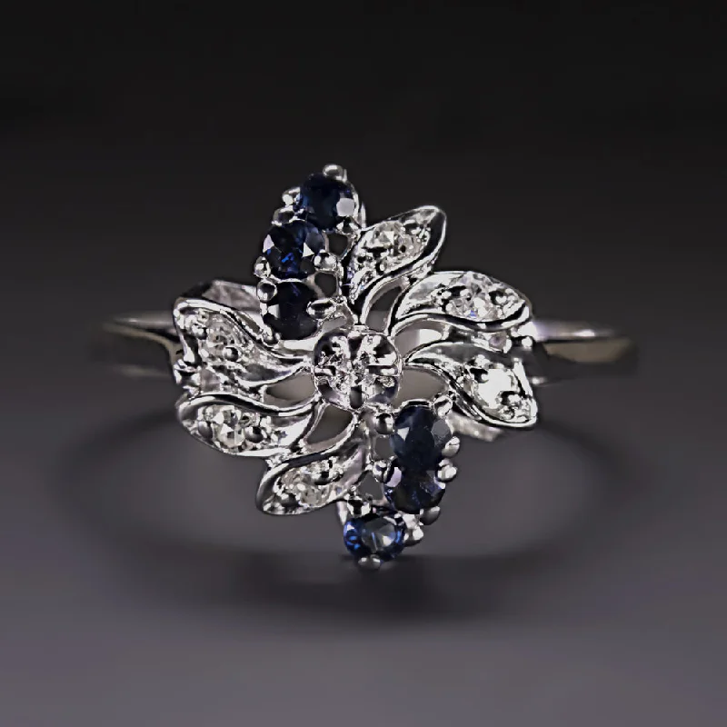 women’s engagement rings -VINTAGE SAPPHIRE DIAMOND COCKTAIL RING SPIRAL HALO 14k WHITE GOLD NATURAL ESTATE