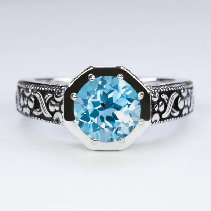 luxury rings for women -SWISS BLUE TOPAZ STERLING SILVER RING VINTAGE STYLE ROUND CUT ART DECO GEMSTONE