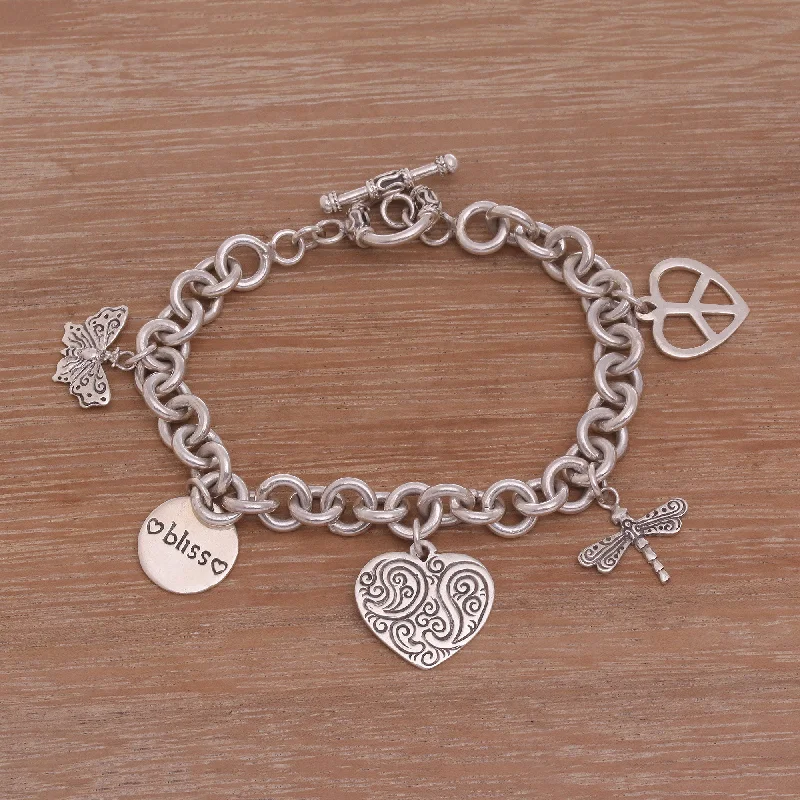 women’s friendship bangles -Love and Bliss Sterling Silver Charm Bracelet