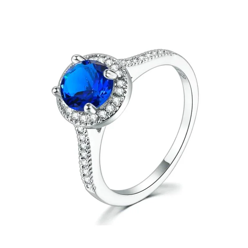 women’s elegant necklaces -Bright Sapphire Blue 1.2CT CZ Halo Ring