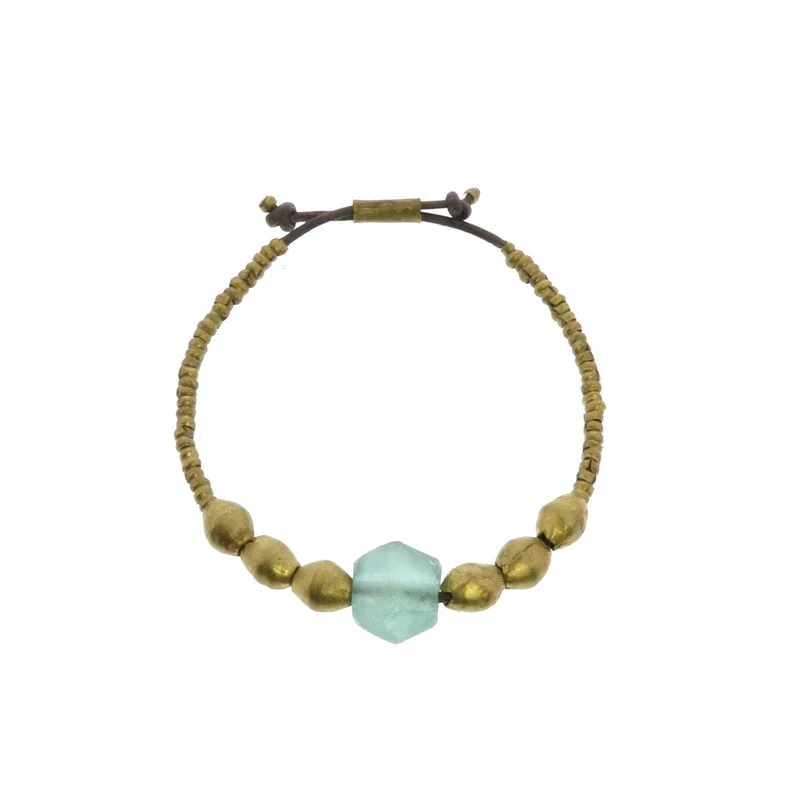 luxury silver bangles for women -Seaglass Beaded Brass Bracelet-Aqua