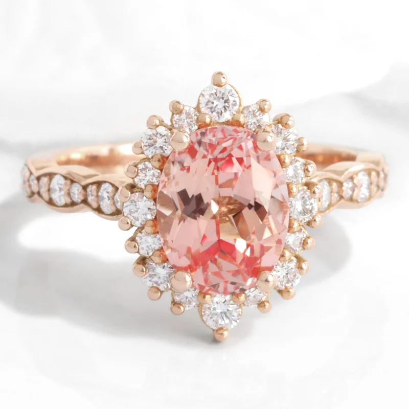 women’s double halo engagement rings -Large Oval Peach Sapphire Ring in 14k Rose Gold Tiara Halo Diamond Band Size 6.25