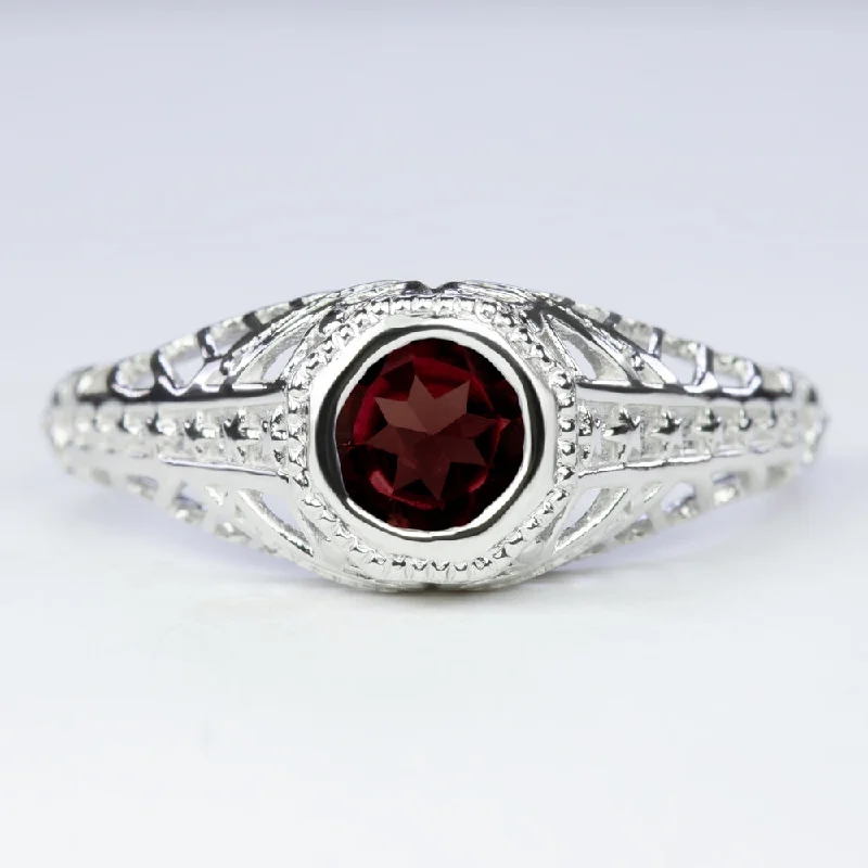 women’s statement diamond rings -GARNET STERLING SILVER RING VINTAGE STYLE FILIGREE SOLITAIRE GEMSTONE ART DECO