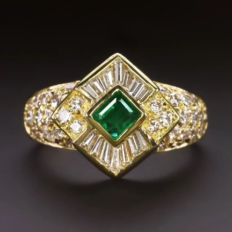 wedding rings for women -VINTAGE EMERALD DIAMOND COCKTAIL RING 18k YELLOW GOLD HANDMADE HALO NATURAL