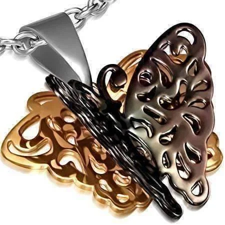 women’s long necklaces -Monarch 3D Butterfly Black and Rose Gold Stainless Steel Pendant Necklace