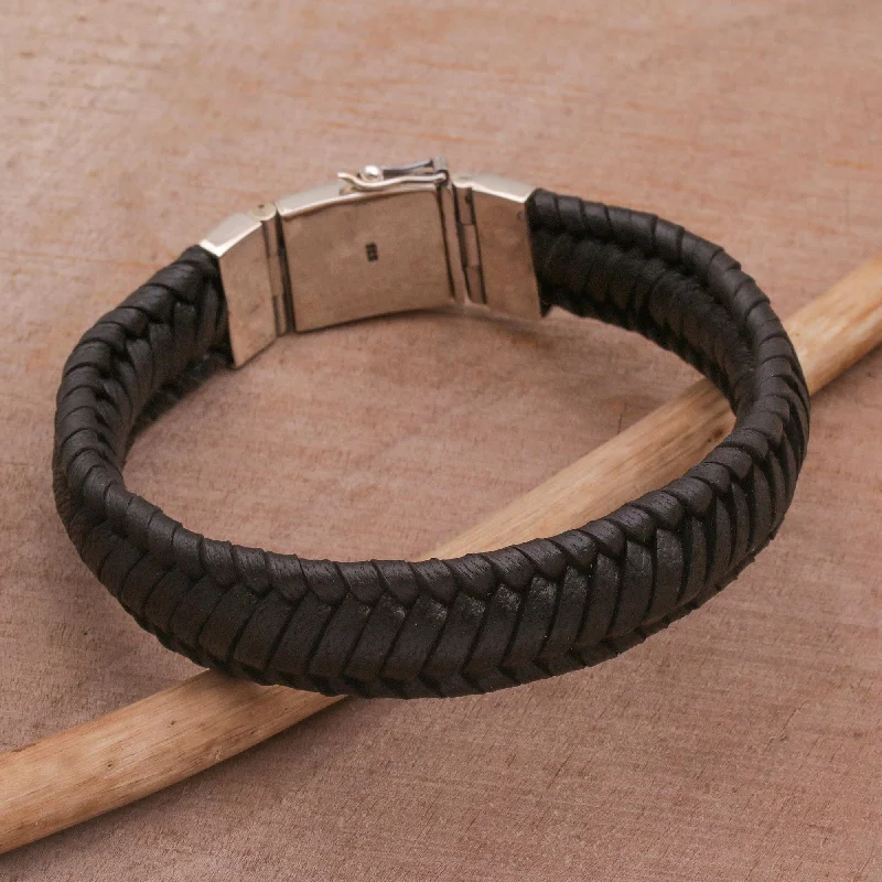 elegant bangles for women -Kintamani Weave in Black Silver & Leather Bracelet