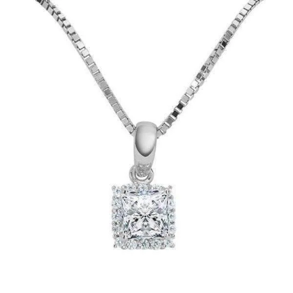 women’s simple necklaces -Delphine .5CT Princess Cut Halo OB Simulated Diamond Solitaire Pendant for Women Bridal Engagement Wedding Anniversary Gift