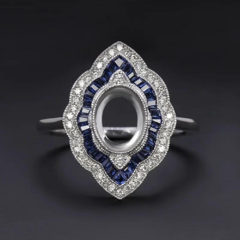 custom rings for women -SAPPHIRE DIAMOND OVAL VINTAGE STYLE RING SETTING NAVETTE DOUBLE HALO CALIBRE