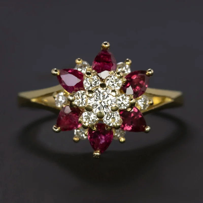 wedding rings for women -1.56ct RUBY DIAMOND COCKTAIL RING 18K YELLOW GOLD BALLERINA CLUSTER NATURAL