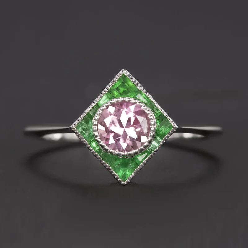 fashion rings for women -PINK TOURMALINE EMERALD COCKTAIL RING HALO 14k WHITE GOLD VINTAGE STYLE ART DECO