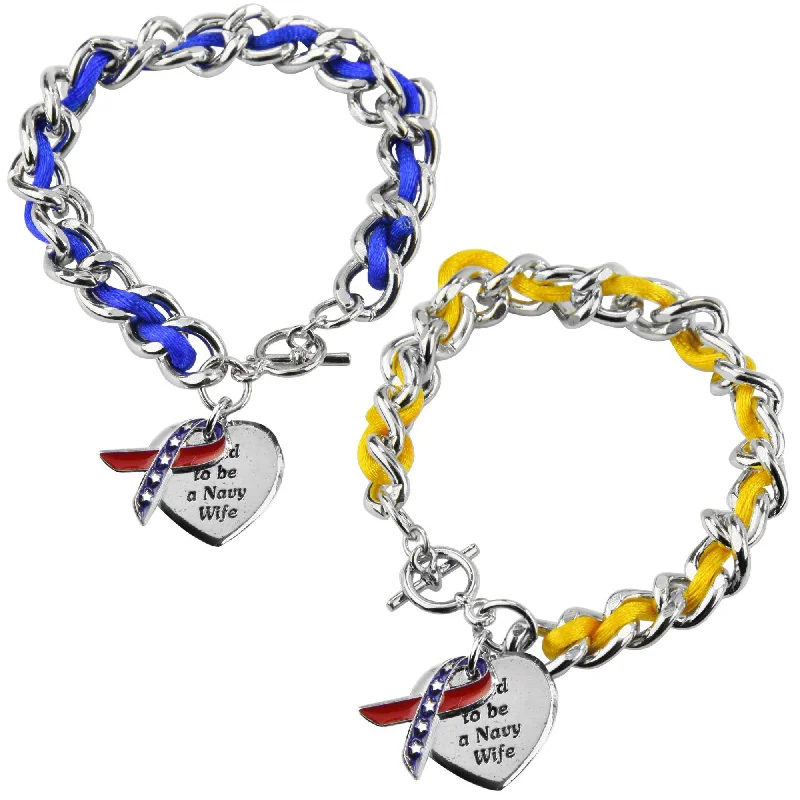 women’s gold bracelets -Proud to be a Navy Wife Ribbon Charm Bracelet